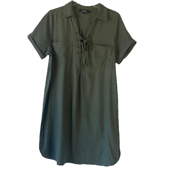 Lulu’s Linen Blend Dress Women’s Size L Olive Green Shirt Style Short Sleeves - Picture 1 of 12